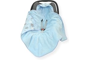 OLO BABY CAR SEAT Baby Insert/Blanket/Cover/Cosy Toes/Foot muff Cotton & Waffle-Effect Mink Plush 80 x 80cm Dual Layer with Hood (blue Multi-star/blue)