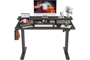 FEZIBO Height Adjustable Electric Standing Desk with Double Drawer, 120 * 60cm Stand Up Table with Storage Shelf, Sit Stand Desk with Splice Board, Black Frame/Black Top