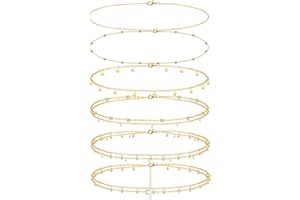 LOLIAS 6 Pièces Plaqué Or 14K Chaînes de Taille Chaînes de Corps pour Femmes Couches Bikini Chaînes de Ventre pour la Taille Été Plage Strass Perles Mauvais Yeux Doré Bijoux de Corps Réglables