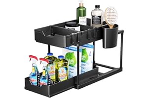 Puricon Organizer Sottolavello Cucina Organizer Lavello Cucina con Due Ripiani Estraibili Organizer Sottolavello a 2 Livelli Multiuso Porta Detersivi Salvaspazio sotto Lavandino per Bagno -Nero