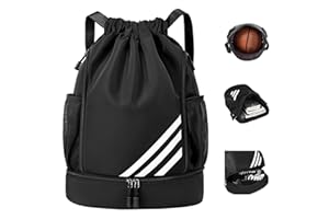 EoVzWXj Drawstring Bags, Waterproof Drawstring Gym Backpack, Large Capacity Drawstring Gym Bag, Swim PE Bags with Shoes Compartment & Water Bottle Mesh Pockets for Football Swimming School
