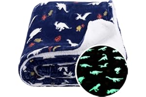 SOCHOW Świecący w ciemności koc polarowy Sherpa, wzór jurajskiego dinozaura dwustronny, super miękki luksusowy pluszowy koc dla dzieci, 150 x 200 cm, granatowy