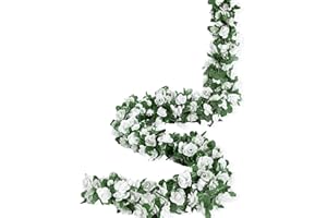 Weldomcor 5 Pezzi da 2,45 m Artificiale Ghirlanda di Fiori Rose Viti Fiori di Seta Appesa Rattan Ghirlanda All'aperto Decorazioni per Arco di Nozze Camera da Letto Casa Decorazione（Bianco)