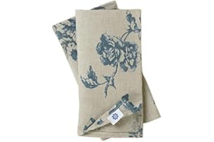 Linen & Cotton Servilletas de Mesa de Madera Decoración de la Mesa Flores Diseño Floral -100% Lino, Azul Beige Natural (43 x 43cm) Shabby Chic Vintage Rústico para el Hogar Sala de Estar Campo Cabaña