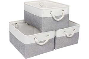 Syeeiex Storage Basket for Shelves [3-Pack], Storage Boxes with Handles, Large Fabric Storage Bins for Organizing Home and Office, White & Grey