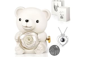 Hnustbo Oso Rosa Eterna Natural Preservada con Collar I Love You, Regalo Originales para Mujer Madre Mama Novia, Regalo San Valentin Mujer, Regalo Dia de la Madre Original Navidad Cumpleaños