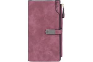 HNOOM Cartera Mujer Grande de Cuero PU con Bolsillo Monedero, Tarjetero Largo Suave y Cómodo con 24 Ranuras para Tarjetas (Morado-L)