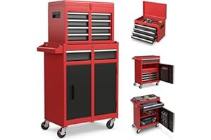 TANGZON Rolling Tool Chest, 2-in-1 Large Capacity Tool Cabinet with Wheels, 5 Drawers & Auto-Locking System, Heavy-Duty Metal Toolbox for Workshop, Warehouse, Garage (Black + Red)