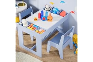 Clevich Kids Wooden Table and 2 Chairs Set with Storage Space and Reversible Tabletop, Kids Activity Table for Eating, Crafting and Playing, Toddler's Desk for Children's Room, School, Daycare (blue)