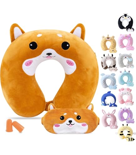 Oreiller Voyage Enfant 3 En 1 JOYRAVO - Coussin Cervical Convertible Shiba Inu Jouet Doux