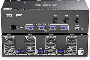 Przełącznik KVM 3 Komputery 3 Monitory 8K@60Hz 4K@144Hz, MLEEDA HDMI + 2 Displayport 3 Monitor KVM Switch 3 PC Udostępnij 3 Monitors i 4 Porty USB 3.0, z Adapter, Pilota Przewodowa i 3 Kable USB