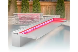 ‎LONGRUN LONGRUN Edelstahl Wasserfall Überlauf, APP Kontrolle Multi-Farben LED-Licht Draussen Pool Brunnen, Koi Teich Wasserfälle Brunnen Kit für Garten Terrasse Pool Dekoration-90x20x10cm