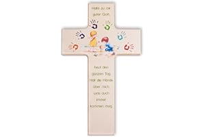 Fritz Cox Kreuz für Kinder aus Holz, natur | Gott beschütze mich | spielende Kinder unter einem Regenbogen von bunten Händen | Taufgeschenk für Jungen & Mädchen | 15cm