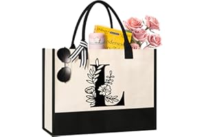 Tecanne Personalized Initial Canvas Tote Bag, Cosmetic Bags, Suitable for Birthday, Wedding, Beach, Holiday, Great Birthday Gifts for Women, Mom, Teachers, Nurses, Best Friends, Bridesmaids (L)
