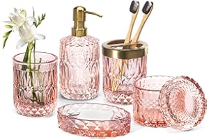 EMPO Zestaw 6 akcesoriów łazienkowych z przezroczystego szkła (dozownik mydła, mydelniczka, uchwyt na szczoteczkę, szklanka, słoik na waciki), nowoczesny wystrój, prezent vintage, jasnoróżowy