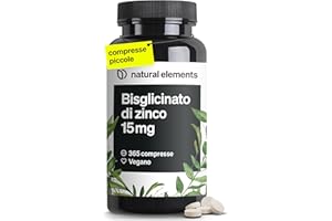 NATURAL ELEMENTS Zinco Integratore – 365 Compresse Vegan contro Acne e Brufoli – Zinco 15mg Scorta 1 Anno – Antiossidante per Pelle Sana – 15 mg di Zinco Elementare per Compresse da Puro Zinco Bisglicinato