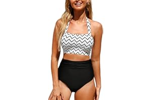 CUPSHE Damski strój kąpielowy zestaw bikini z wysokim stanem wiązana na szyi kontrola brzucha geometryczny nadruk strój kąpielowy