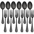 LIANYU 12-Piece Black Forks and Spoons Silverware Set, 6 Dinner Spoons and 6 Dinner Forks, Stainless Steel Black Flatware Cutlery Set for Home Kitchen Hotel, Mirror Finished, Dishwasher Safe