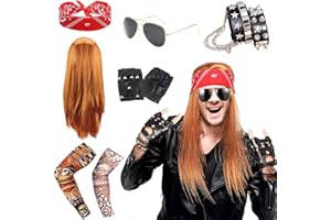 BIQIQI 9Pcs Punk Rockstar Fancy Dress, Rock Star Heavy Metal Set, Rock Star Heavy Metal Accessories with Retro Sunglasses Gloves Bandana Tattoo Sleeves Bracelet Ring for Women Men 80s 90s