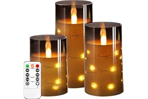 Kiexung LED Candle, LED Candle with Built-in Fairy Lights, Battery Operated Candle, Plexiglass Candle with Remote Control Timer, Festive Flameless Candle, Home Decor, 3-Piece Set (Grey)