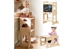 KYWAI® Premium Toddler Kids Tower Foldable – Toddler Kitchen Stool Montessori 3 in 1 Premium: Foldable Learning Kids Tower Convertible into Desk with Chalkboard, Sustainable Company with Reforestation
