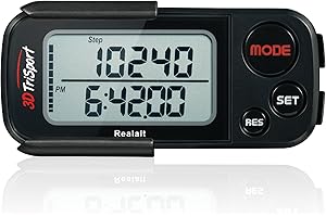 Realalt 3DTriSport Walking 3D Pedometer with Clip & Strap, eBook Included 30 Days Memory Accurate Step Counter, Walking Distance Miles/Km, Calorie Counter, Daily Exercise Time Monitor