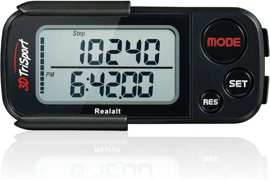 Realalt 3DTriSport 3D Walking Pedometer with Clip & Strap, Accurate Step Counter with 30-Day Memory, Distance in Miles/KM with Large Display Perfect for Seniors & Beginners, eBook Included