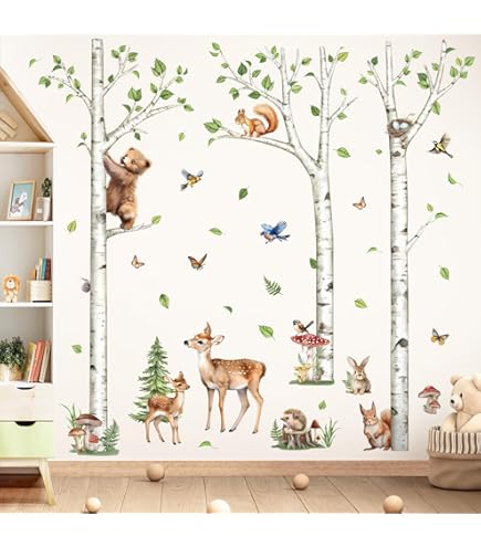 wondever Muursticker met bosdieren, beer, hert, vos, bomen, muursticker, wanddecoratie voor kinderkamer, babykamer, slaapkamer
