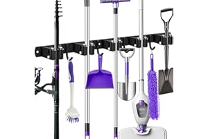 COTTNY Besen- und Mophalter Wandhalterung mit 5 Schlitzen 4 Haken NisuM Besenaufhänger Selbstklebend Mattschwarz Garagenregal und Werkzeugorganisator Lagerregal für Wäsche, Küche, Garten