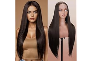 PORSMEER Pelucas lace front sintetica naturales Liso Marrón Oscuro Peluca Larga recta para mujer,peluca de fibra de aspecto realista, 24 pulgadas