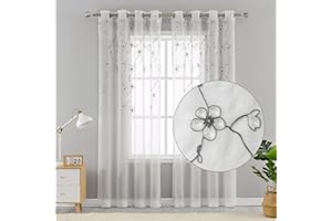 CAROMIO Embroidery Curtains 2 Panels Window Curtain 63 Inch Drop Net Curtains Sheer Voile Eyelet Window Drapes for Living Room 3D Floral Embroidery, 52"*63"*2, Grey