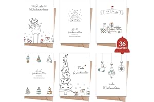 Aahyzzon 36 Stück Weihnachtskarten mit Umschlag set, A6 Christmas Falzkarten mit Einzigartigem Spruch, Neujahrskarten 2023 für Familie, Freunde, Kollegen & Geschäftskunden, Doodle Design