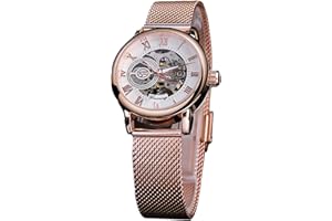 FORSINING Montre mécanique automatique de luxe pour femme, cadran doré, bracelet en maille d'acier inoxydable, chiffres romains, montre à remontage automatique