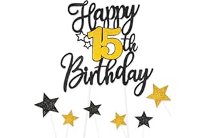 FUNCANDLE Black Gold Happy 15th Birthday Cake Toppers for Cake,Personalised Cake Toppers for Boy Men Girl Women Decorations,Glitter Cupcake Topper Cake Topper Kit 15th Birthday Party Cake Decoration Supplies