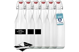 HEFTMAN Glasflaskor med proppar – 1 liter 6-pack genomskinliga swingtoppflaskor för ölbryggning med lufttäta proppar för vin, smaktillsatser, drycker, olja, vinäger, kombucha och vatten – 6 st