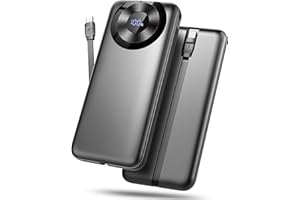 HOSGUBO Batterie Externe 10000mAh, Power Bank Charge Rapide Batterie Portable 3A USB C avec Affichage LED, 4 Sorties avec Câbles Intégrés, Chargeur Externe pour iPhone 16 15 14 13 12 Samsung Tablettes Xiaomi