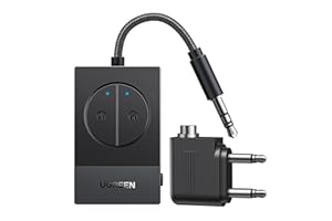 UGREEN Bluetooth Transmitter for Airplane, Bluetooth 5.4 Adapter, Dual Dedicated Pairing Buttons, Plug & Play for 2 Airpods/Headphones, 19-Hour Play, Bluetooth Aux Adapter for Travel Flight, Airline