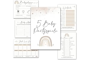 cozy racoon Babyshower Spiele Set, 5 Babyparty-Spiele (je 12 Stück) zum Ausfüllen - für Jungen und Mädchen I Persönliches Geschenk für Schwangere - Design Glamour