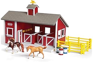 Bandai Breyer Red Stable Playset With 2 Horses 2 Stablemates 10cm 1:32 Scale Breyer Horse Toys And Red Stable Playset With Accessories Plastic Animal Figures Make Horse Gifts For Girls And Boys