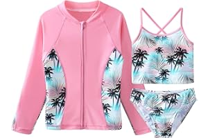HUAANIUE Girls Sleeveless Tankini Set Flower Swimsuit Bikini Suits 3Pcs UPF 50+ Sun Protection Coat Swimwear 4-12Y Girl Swimming Bathing Suit Beachwear Pink
