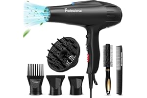 Professional Hair Dryer JIAABCHOMO 2500W Fast Dry Ionic Hairdryer with Diffuser, Brush and Nozzle, Hairdryers for Women with 2 Speeds, 3 Heat Setting and Cool Button, Black, 1.0 count, Pack of 1