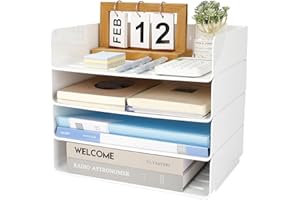 Otauoaea 4 Bandejas Oficina Apilables, Blanca Plastico Pet Bandeja Escritorio, Bandeja Portadocumentos A4, Desk Organizer, Organizador para Papeles, Documentos, Folios, Material Oficina