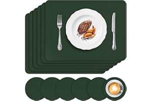 APLKER Tischset Leder 6er Set - Kunstleder Platzset Abwaschbar, Hitzebeständig Doppelseitigen Wasserdicht Platzdeckchen Lederoptik mit Tischuntersetzer, 16 x 12 Zoll, Grün
