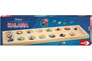 Noris 606101981 - Deluxe Kalaha i Trä - Det Klassiska Taktikspelet Kalaha i Trä med Glaspärlor, Innehåller 1 Spelplan och 48 Glaspärlor, Passar 2 Spelare, Från 6 år
