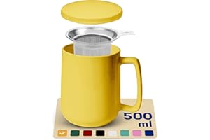 COSUMY Tasse à Thé avec Infuseur et Couvercle 500ml Grand - Céramique - Reste Chaud Longtemps - Jaune