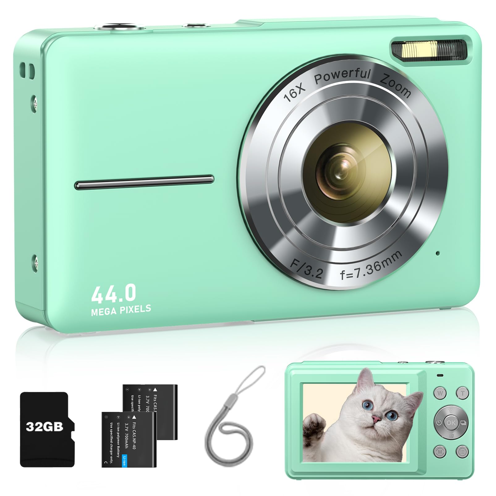 Lecran Digital Camera,Fhd 1080P Kids Camera With 32Gb Card,2 Batteries,Lanyard,44Mp 16X Zoom Anti Shake,Compact Portable Point Shoot Camera For Kids Teens Students Children Girls Boys(Light Green)