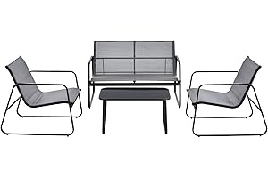 [en.casa] Set de Muebles de Jardín Palencia 4-Piezas Conjunto de Muebles de Exterior Terraza Patio Set de 2 Sillas Banco para 2 Personas Mesa de Centro Gris Claro y Tablero de Mesa Negro