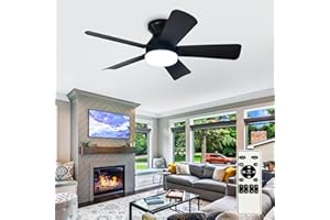 Depuley Modern Ceiling Fan with Light: 35-Inch Black Small Fans for Bedroom Indoor Outdoor - Dimmable Flush Mount Low Profile Ceiling Fans with Remote Control 5 Reversible Black Blades 6 Speeds Timer