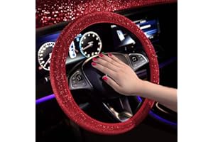 Uposao rhinestone car steering wheel cover, universal 38 cm 15 inch bling glitter crystal diamond non-slip leather protector for women, girls, red