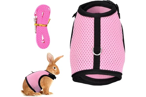 Tibapla Harnais Lapin Réglable avec Laisse Élastique - Gilet Souple pour Lapins et Cochons d'Inde - Corde de Traction Incluse (Rose, M)